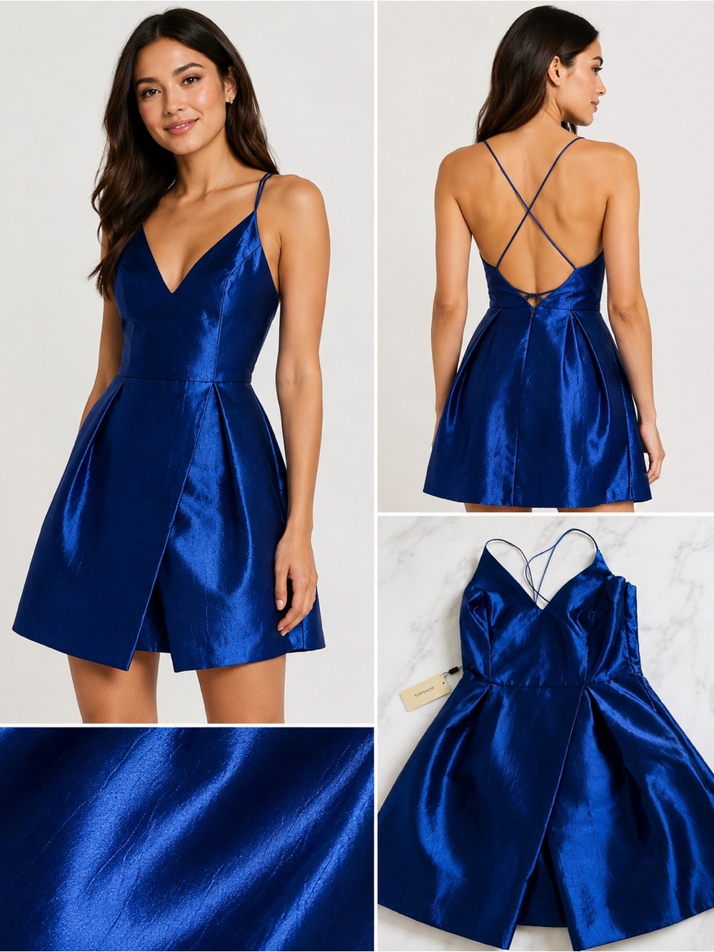 Topshop Royal Blue Satin Fit & Flare Cocktail Dress NWT US 6 Strappy Back